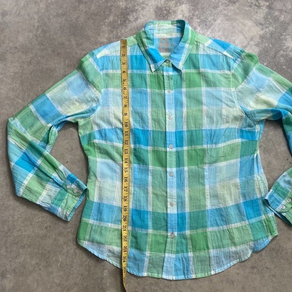J.Mclaughlin Shirt Womens Size 10 Relaxed Cameron Button Up‎ Blue Green Collared - Picture 4 of 9